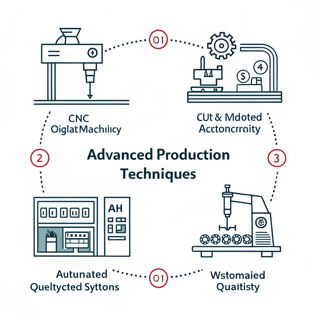 Minimalistic illustration of modern CNC machines and quality control systems