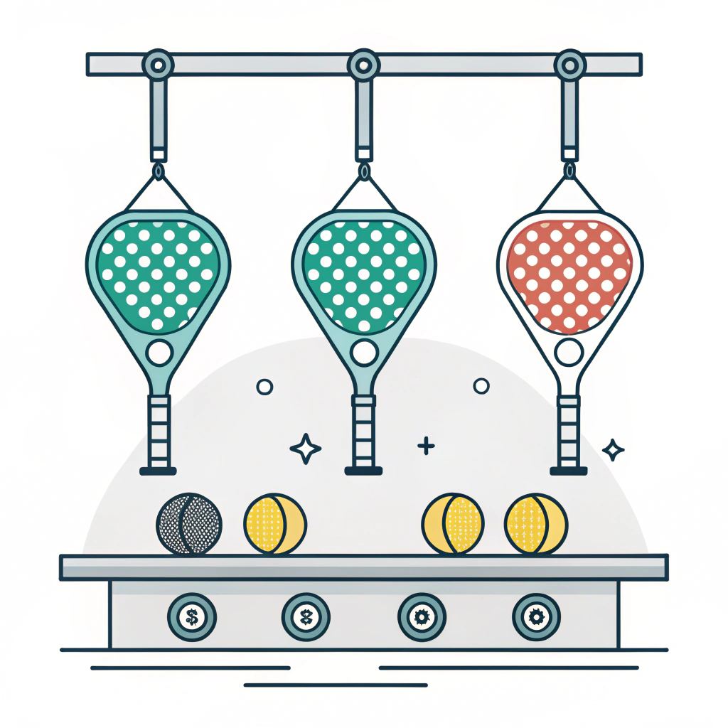 Minimal 2D illustration of a modern padel racket production line with diverse shapes