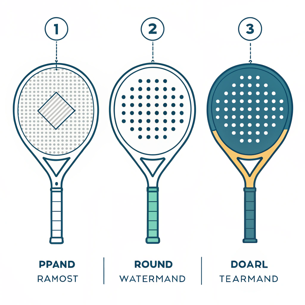 2D minimal illustration showing diamond, round, and teardrop padel racket shapes