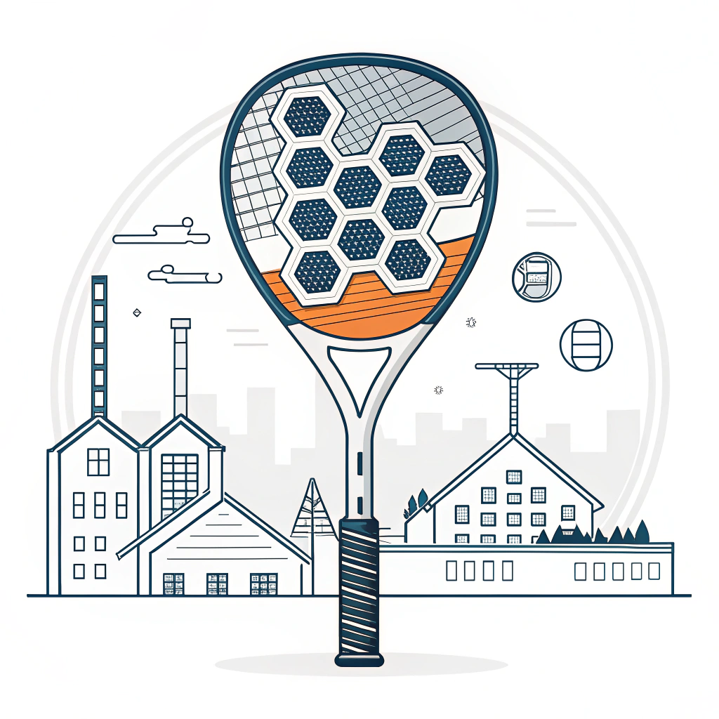 Minimalist flat 2D illustration of modern padel manufacturing technology.