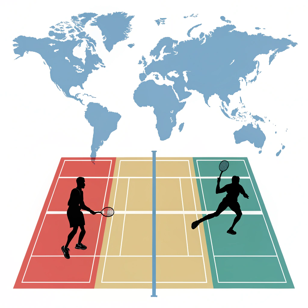 minimalist illustration of padel players and world map showing global sport growth