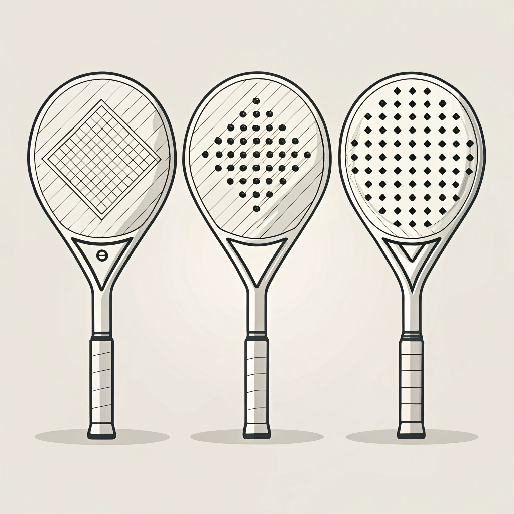 Minimalist 2D illustration of three unique padel rackets showcasing diamond, round, and teardrop designs.