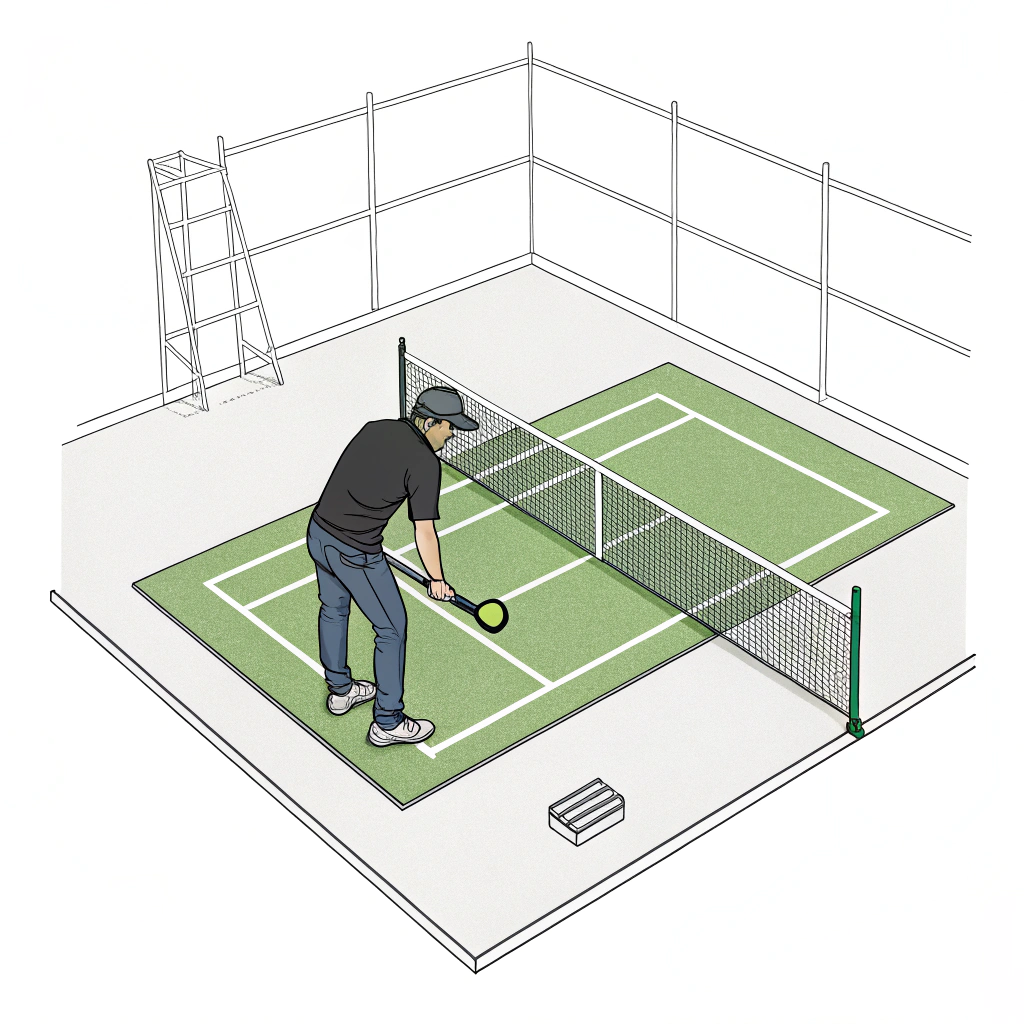 Minimalist flat illustration of a technician installing padel court turf.