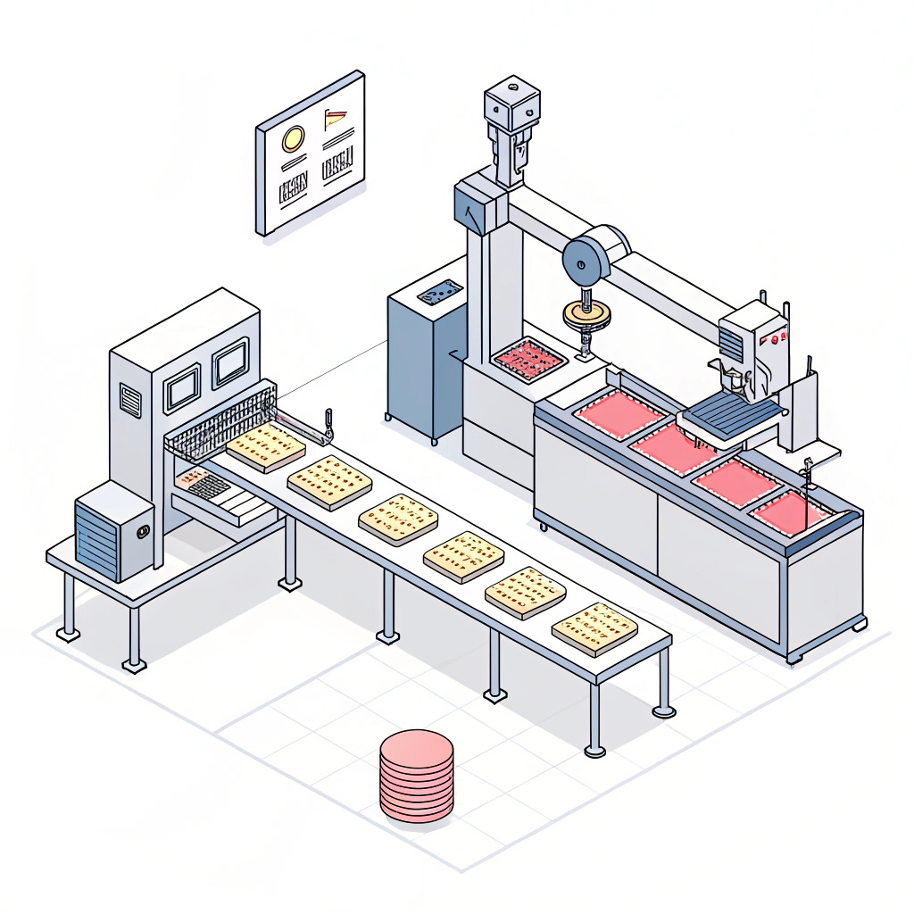 Minimalist illustration of advanced production machinery assembling padel rackets