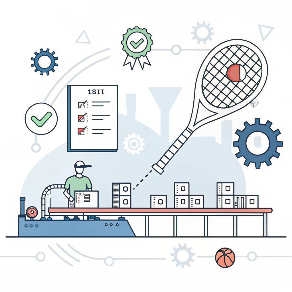 Minimal digital illustration of a padel racket factory with quality control icons