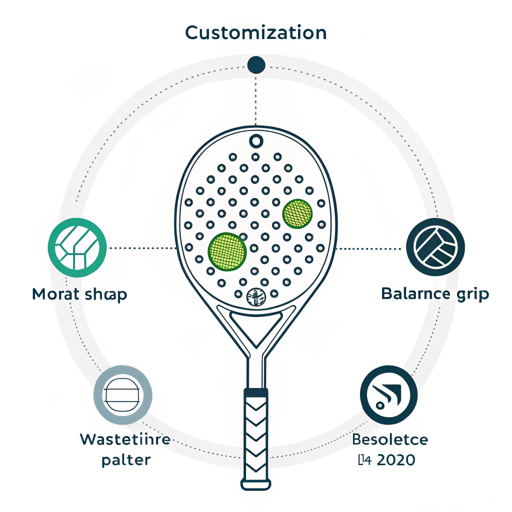 Simple illustration of a padel racket with icons indicating customization options
