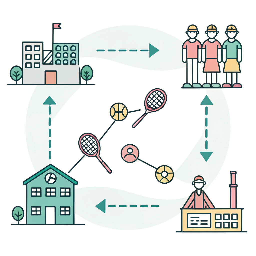 Minimalist 2D illustration of production and distribution in the padel racket ecosystem