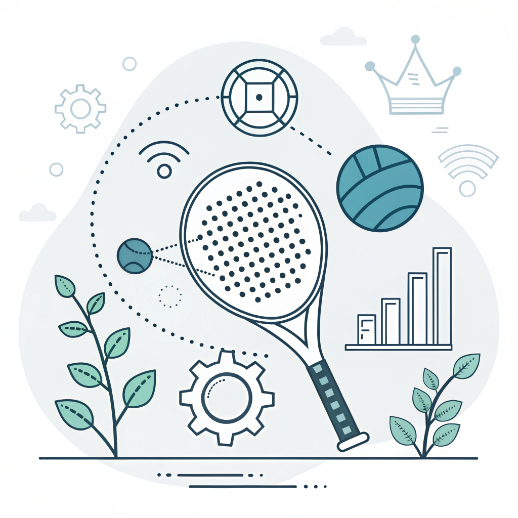 Minimalist 2D illustration with padel racket and innovation symbols representing industry trends