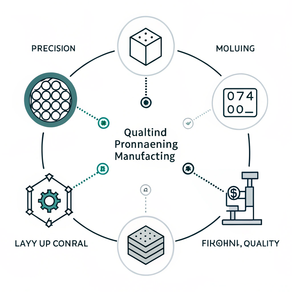 Minimalist abstract diagram depicting padel racket manufacturing stages.