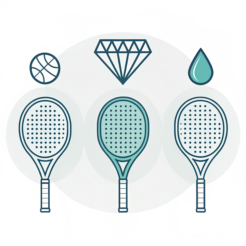 Minimalist depiction of round, diamond, and teardrop padel racket shapes in flat style.