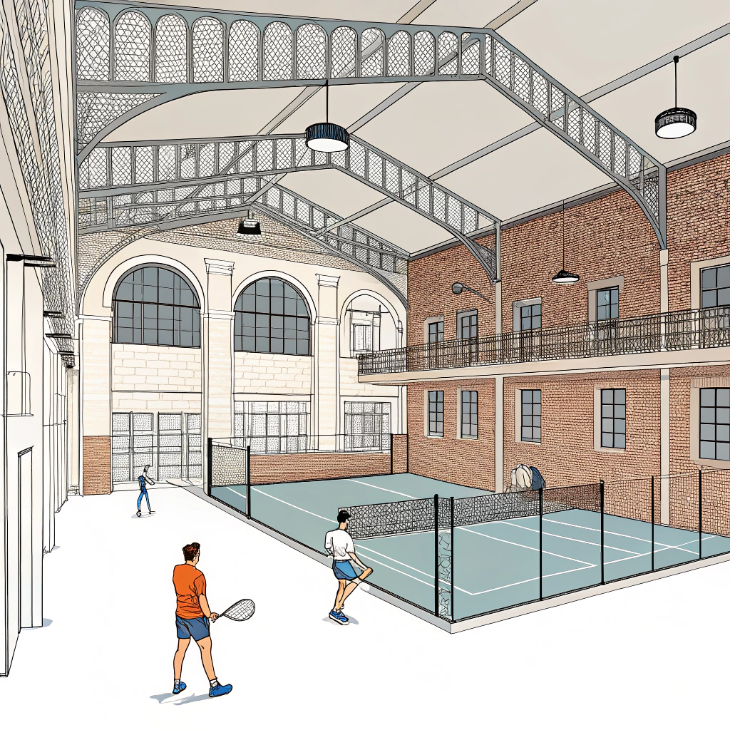Simplistic illustration of historic factory blending with modern padel sports design