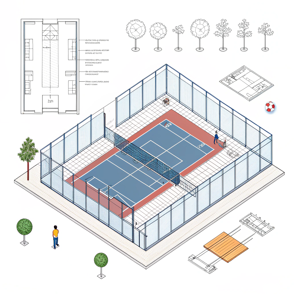 Minimalist illustration of padel court construction with technical blueprint elements