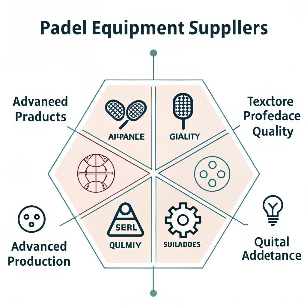 Minimalist 2D infographic illustration using icons and geometric forms to compare padel supplier features.