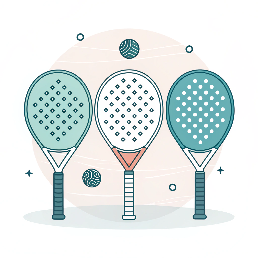 Minimalist 2D illustration showing three distinct padel racket shapes with abstract textures