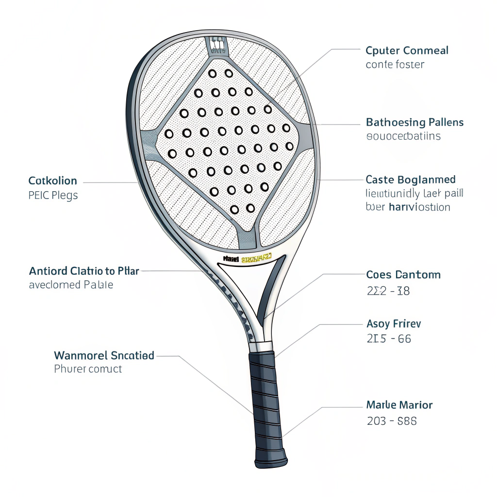 Minimalist 2D illustration of a padel racquet with layered, precise geometric design details.