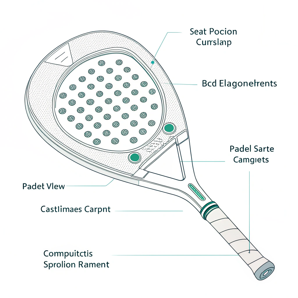 "flat minimal illustration showing exploded padel racket parts for customization"