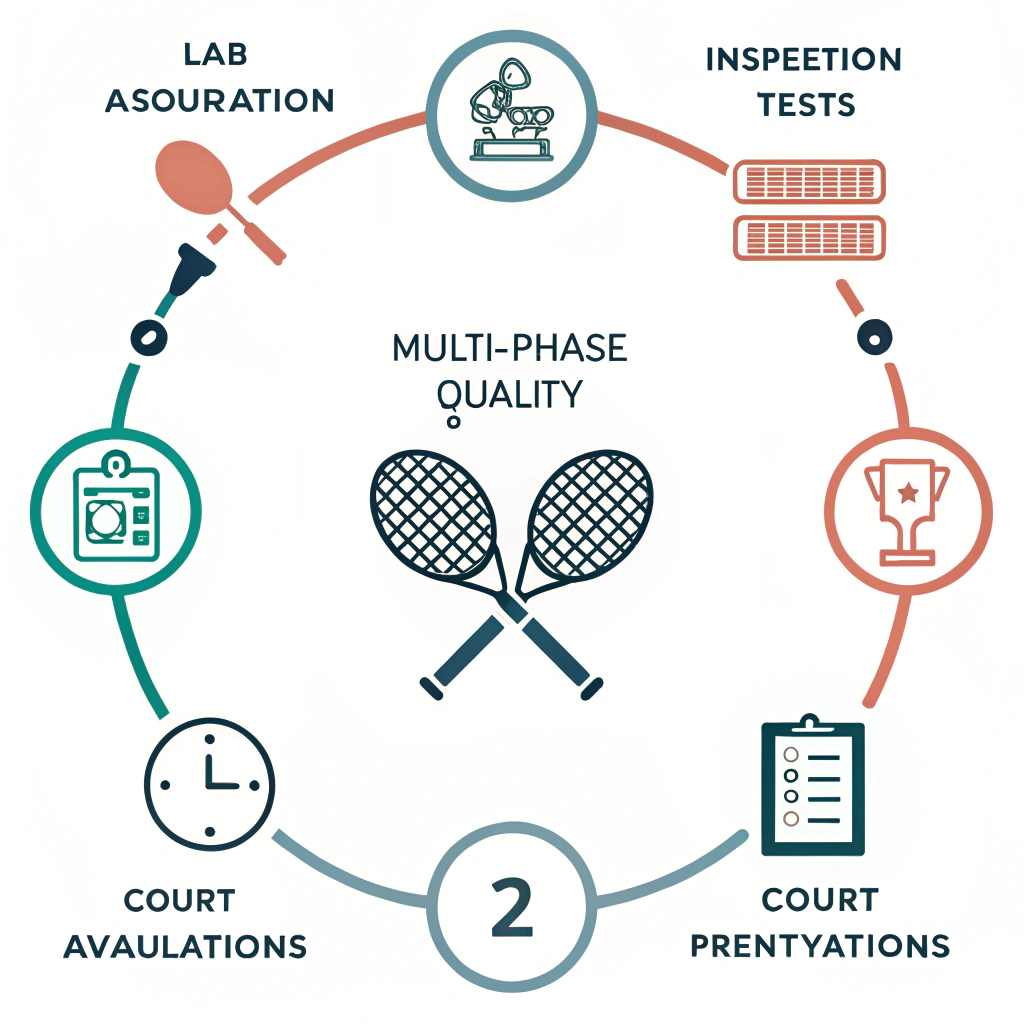 Minimalist 2D depiction of quality assurance stages in padel racket manufacturing.