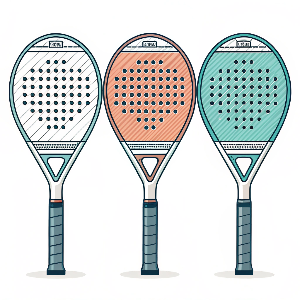 Simplified illustration of three padel rackets with varied shapes and design details.