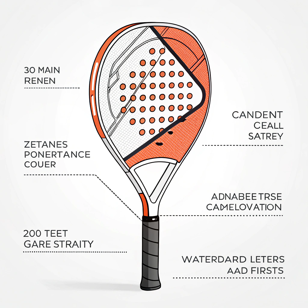 "2D minimalist illustration of a sleek high-performance carbon padel racket"