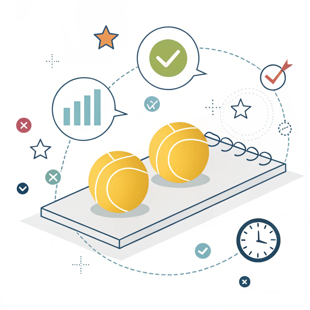 Minimal illustration of padel balls with quality control and performance icons.