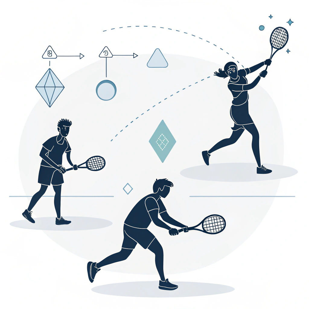 2D illustration showing padel racket case study with various players in training.