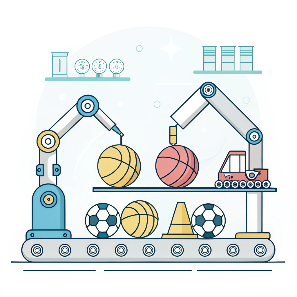 2D illustration of a modern, minimal production line for sports ball manufacturing.