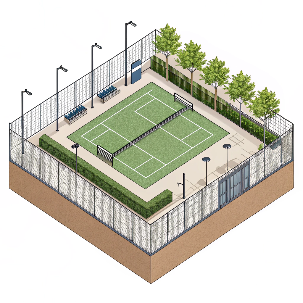 Minimal illustration of a modern padel court with artificial turf
