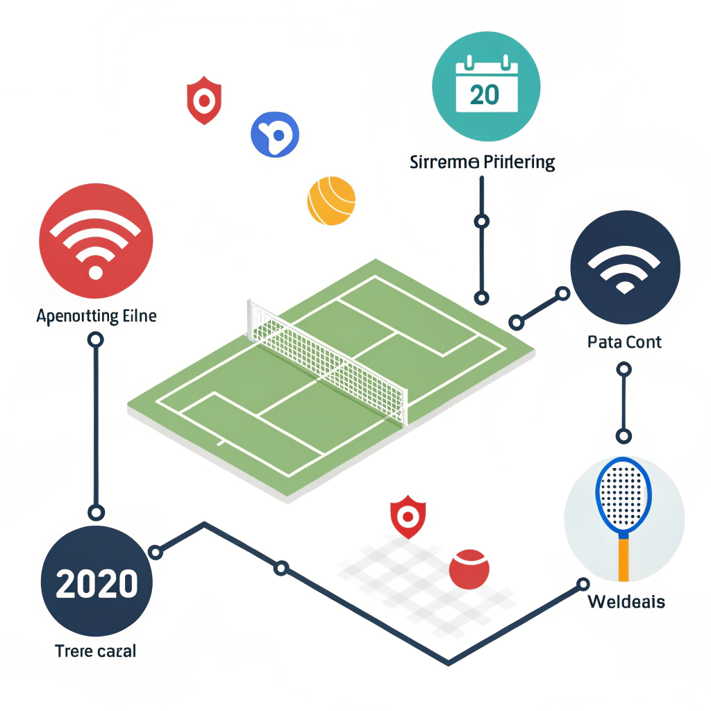 Clean 2D art of a digital padel event timeline with streaming icons