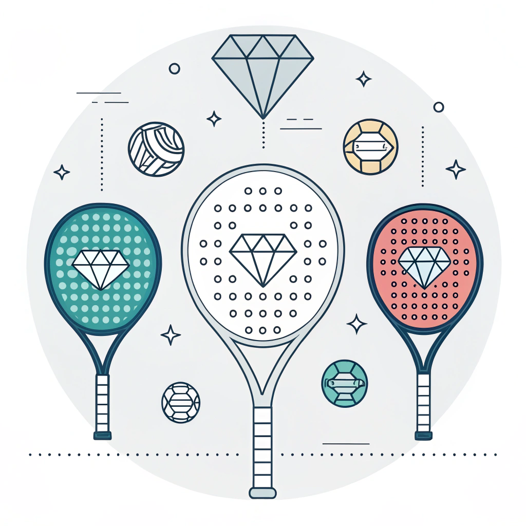 2D flat minimal illustration showcasing diverse padel racket shapes and advanced manufacturing techniques using custom printing and carbon fiber textures.