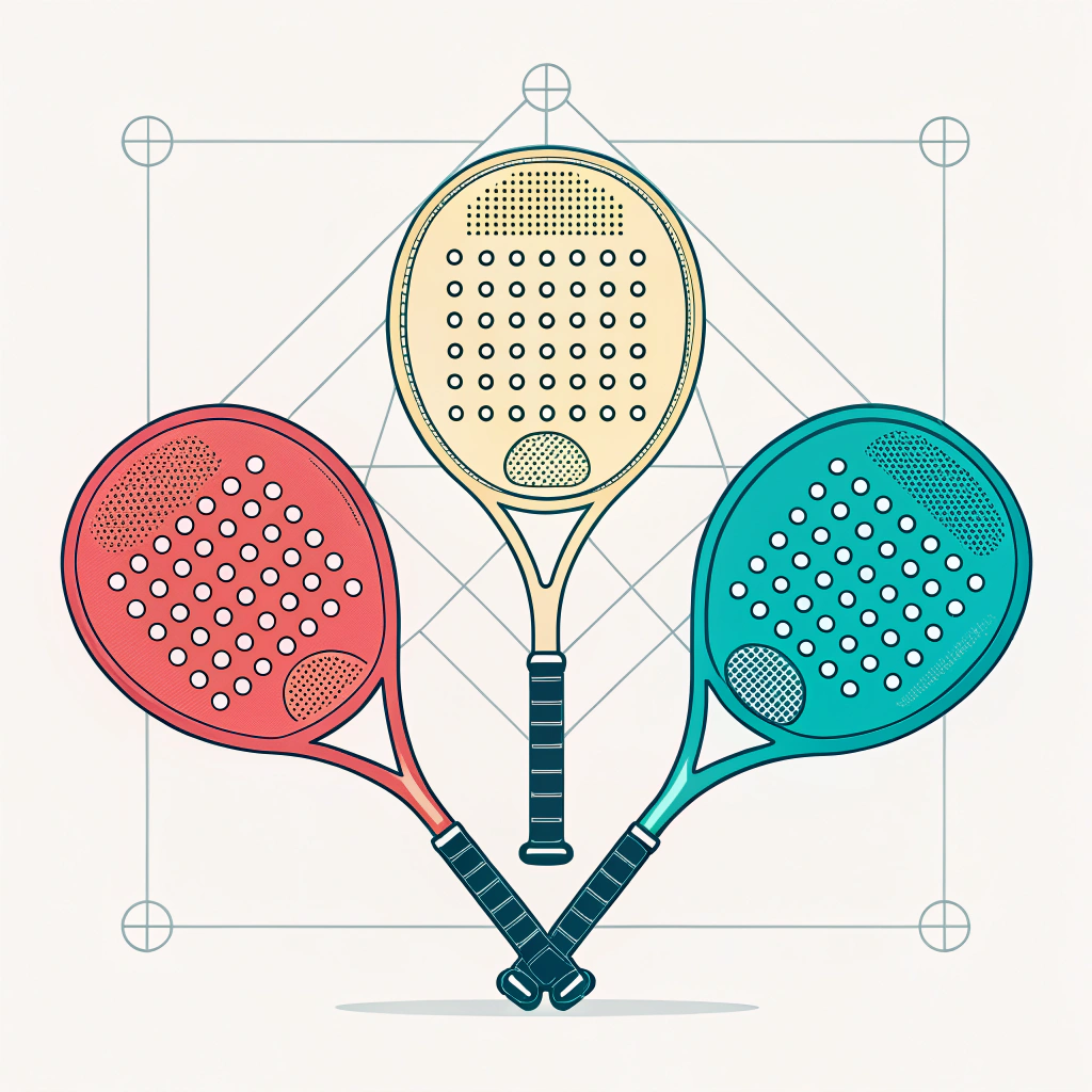 "2D illustration of diamond, round, and teardrop padel rackets in vibrant colors"