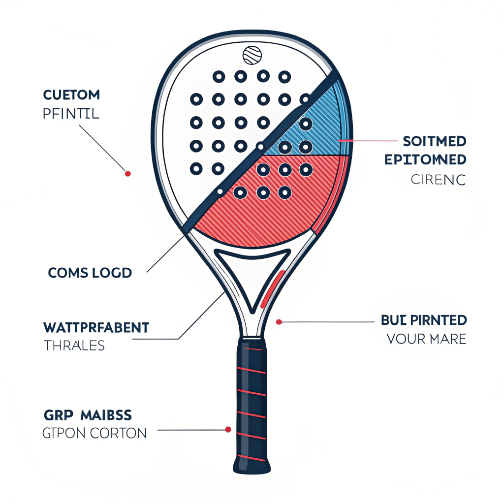 Flat design illustration of a padel racket with custom grip and logo customization features