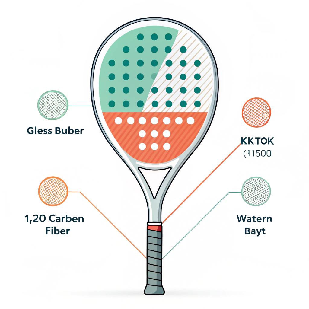 A minimalist 2D illustration showing a padel racket cross-section with distinct layered advanced composite materials