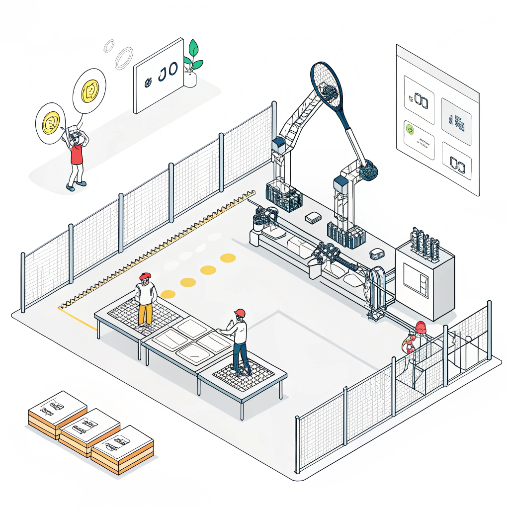 Minimalist digital depiction of automated quality control in a padel racket factory.