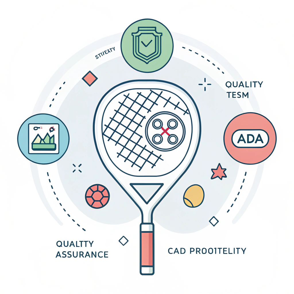 Minimal 2D illustration of a padel racket in a prototyping and quality testing process