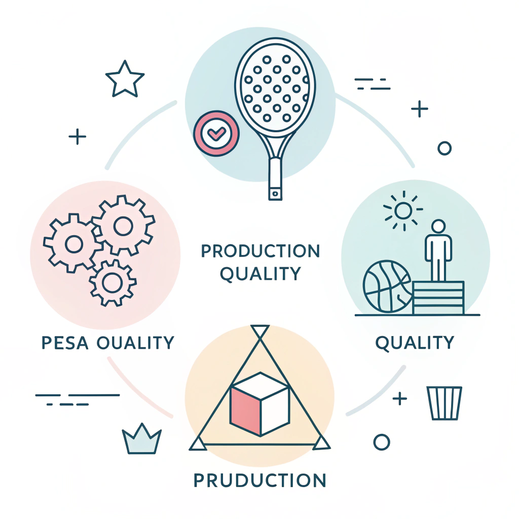 "A minimal 2D abstract illustration featuring icons that symbolize quality, production, and customization in padel manufacturing"