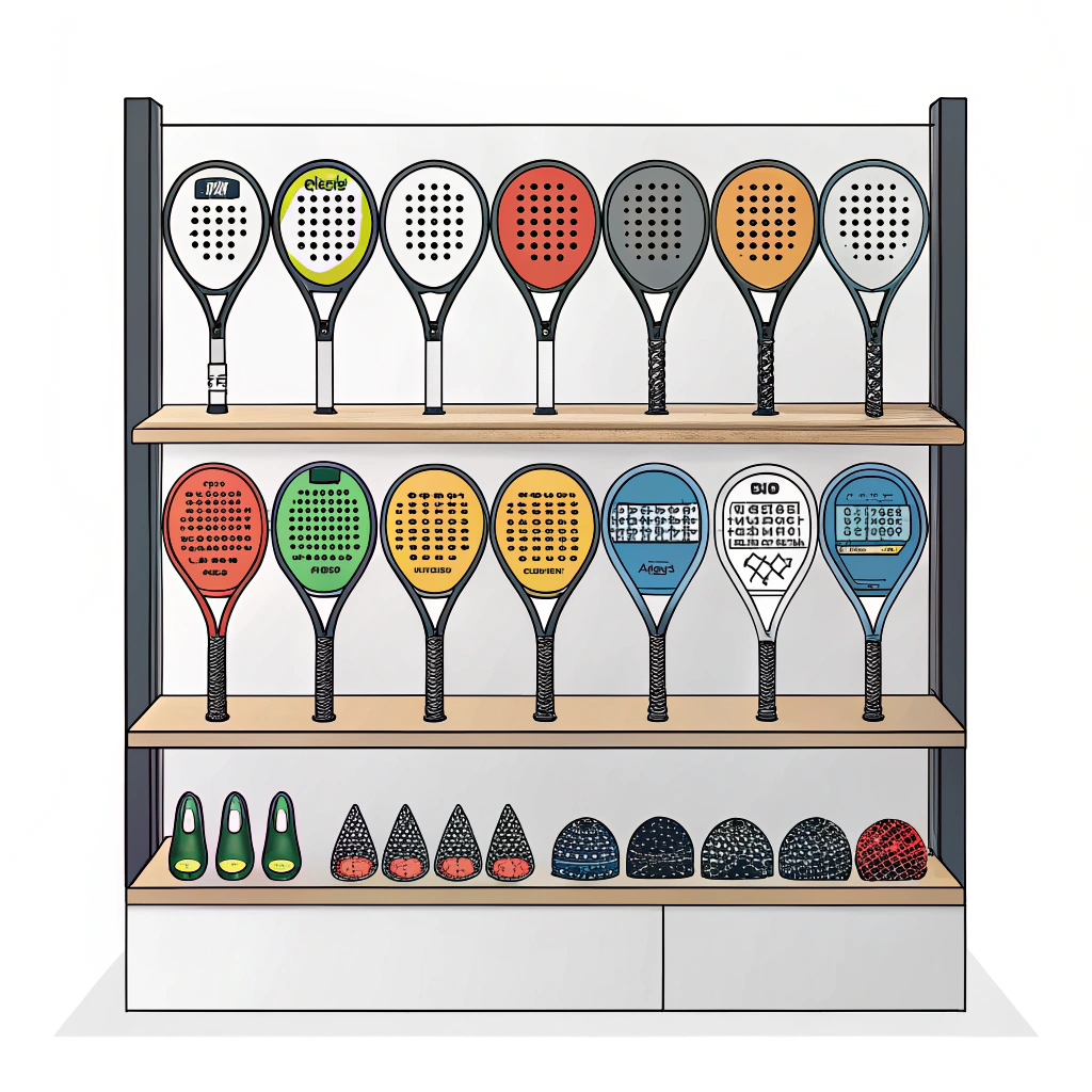 Simple 2D illustration showcasing various padel rackets in a minimalist style