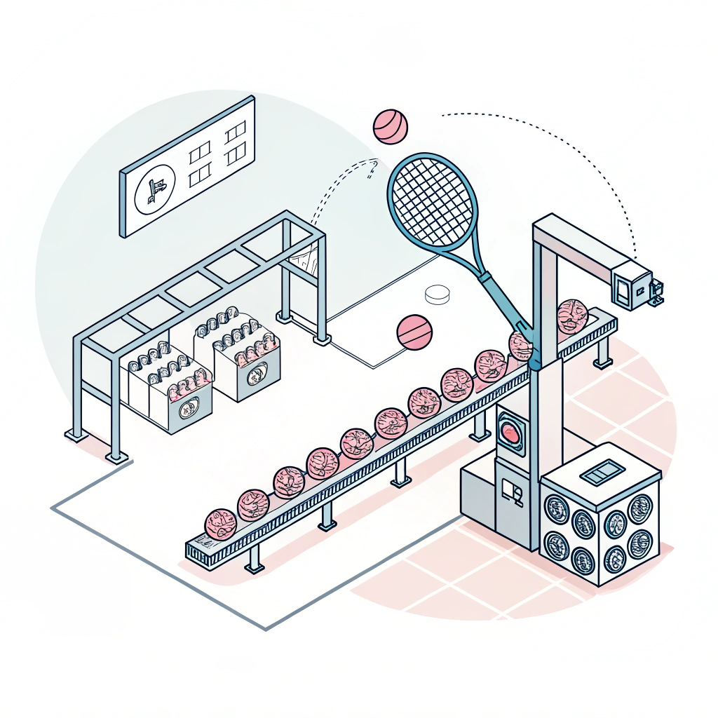 "2D minimalist illustration of an advanced padel racket production process."