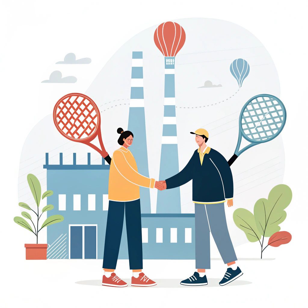 Minimal digital illustration of a handshake between partners with a padel racket factory background and collaborative symbols.