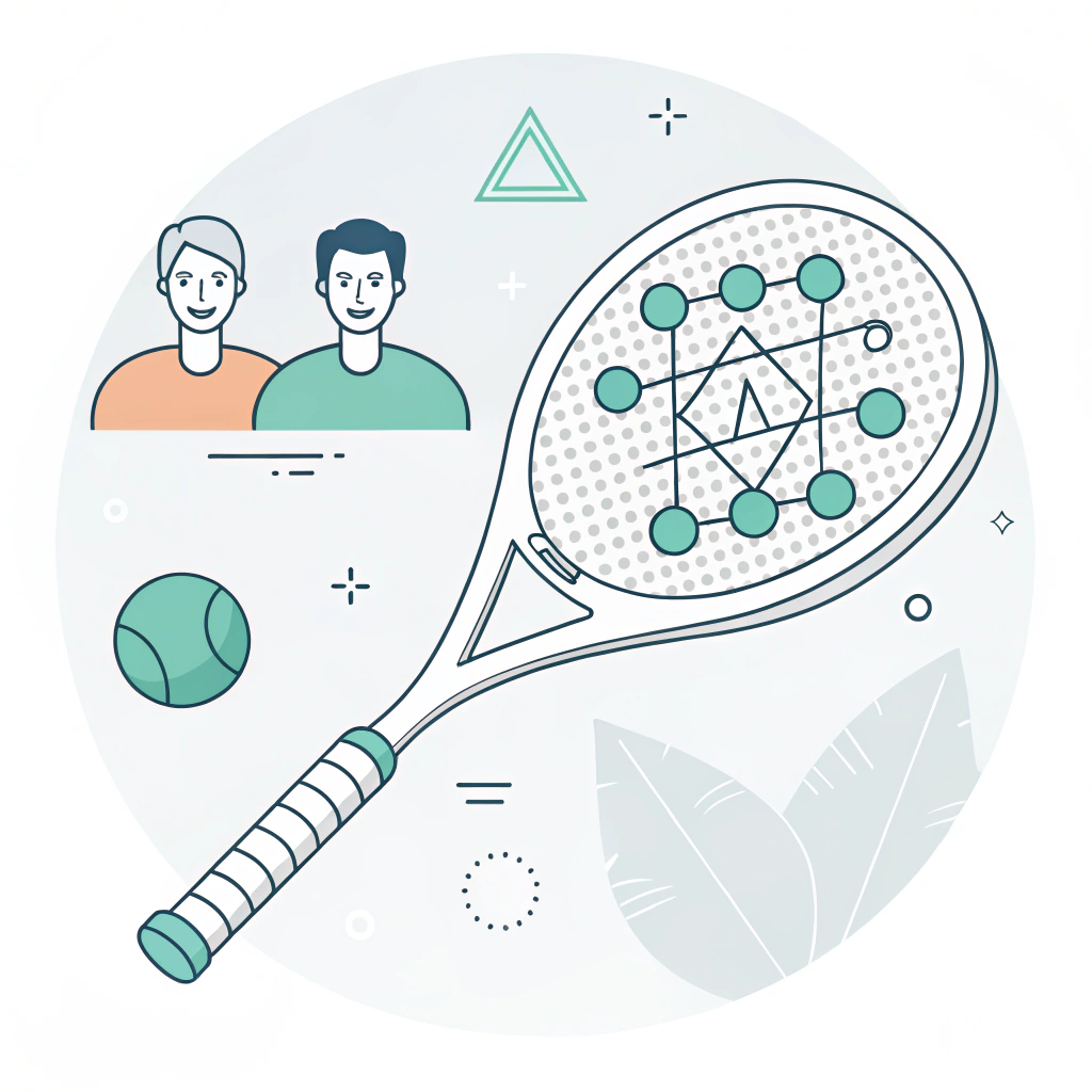 Minimalistic illustration of a padel racket and abstract elements representing partnership and precision.