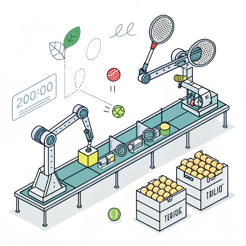 Minimal illustration of a futuristic automated production line assembling padel rackets with robotic arms and eco symbols.