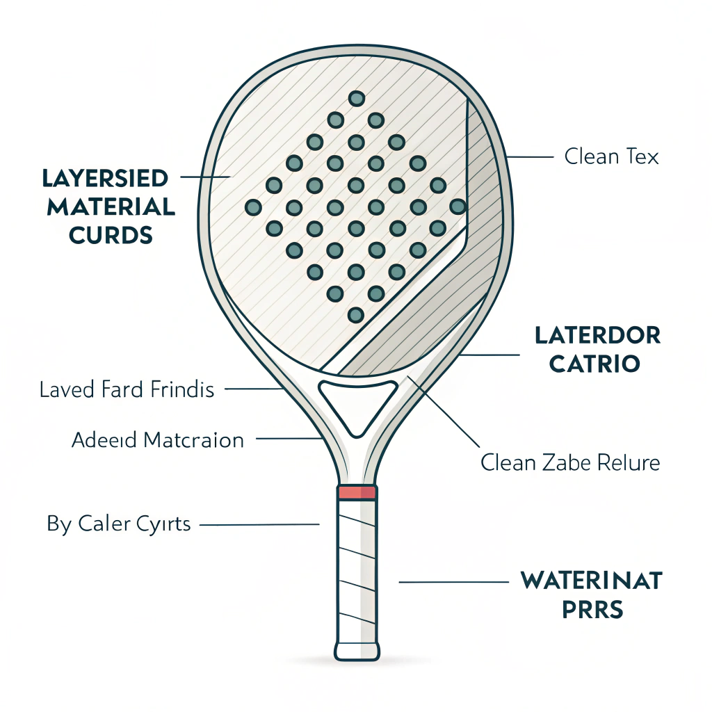 Clean illustration of a padel racket highlighting abstract fiberglass and carbon fiber textures