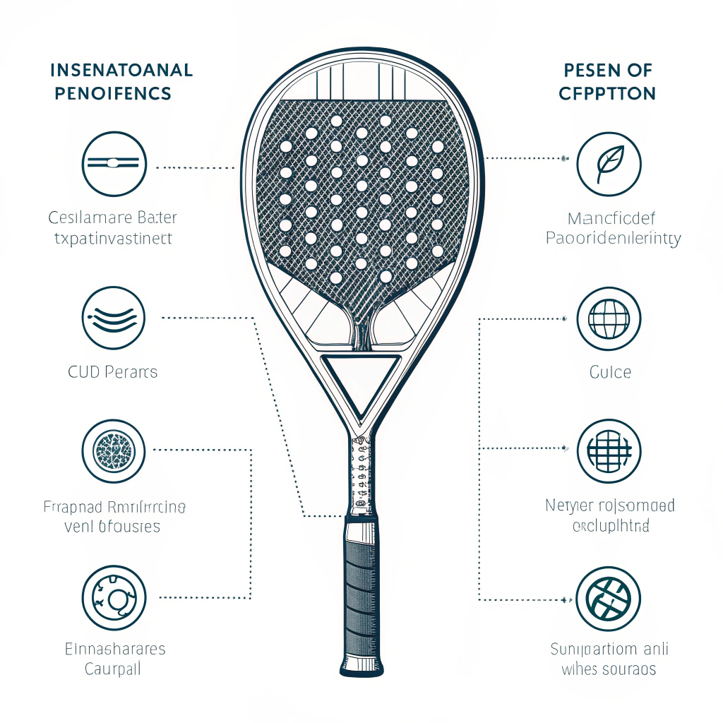 Minimalist flat illustration of a padel racket with engineering and technical details.