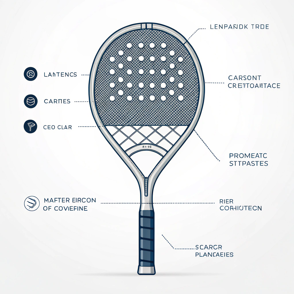 Minimalistic 2D illustration of a high-tech padel racket with layered carbon fiber textures.