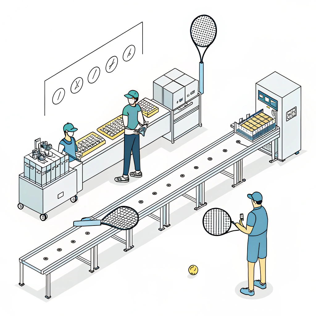 Clean minimalist 2D illustration of a padel racket production line emphasizing quality manufacturing
