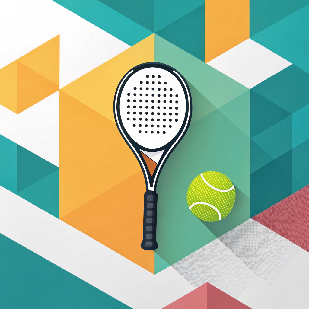 Flat 2D illustration of a padel racket and ball with an abstract, innovative design background.
