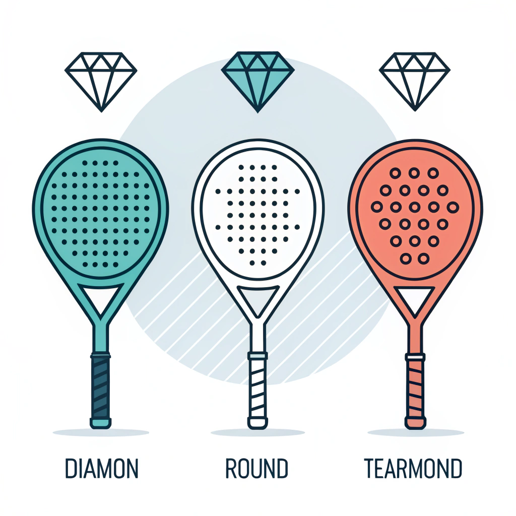 Minimal 2D illustration of diamond, round, and teardrop padel racket shapes in flat style