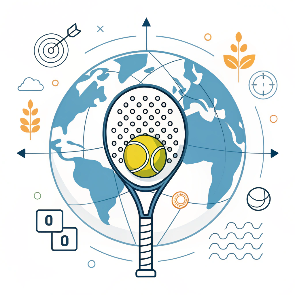 A 2D minimalist illustration of a padel racket, abstract world map, and network connections symbolizing industry growth.