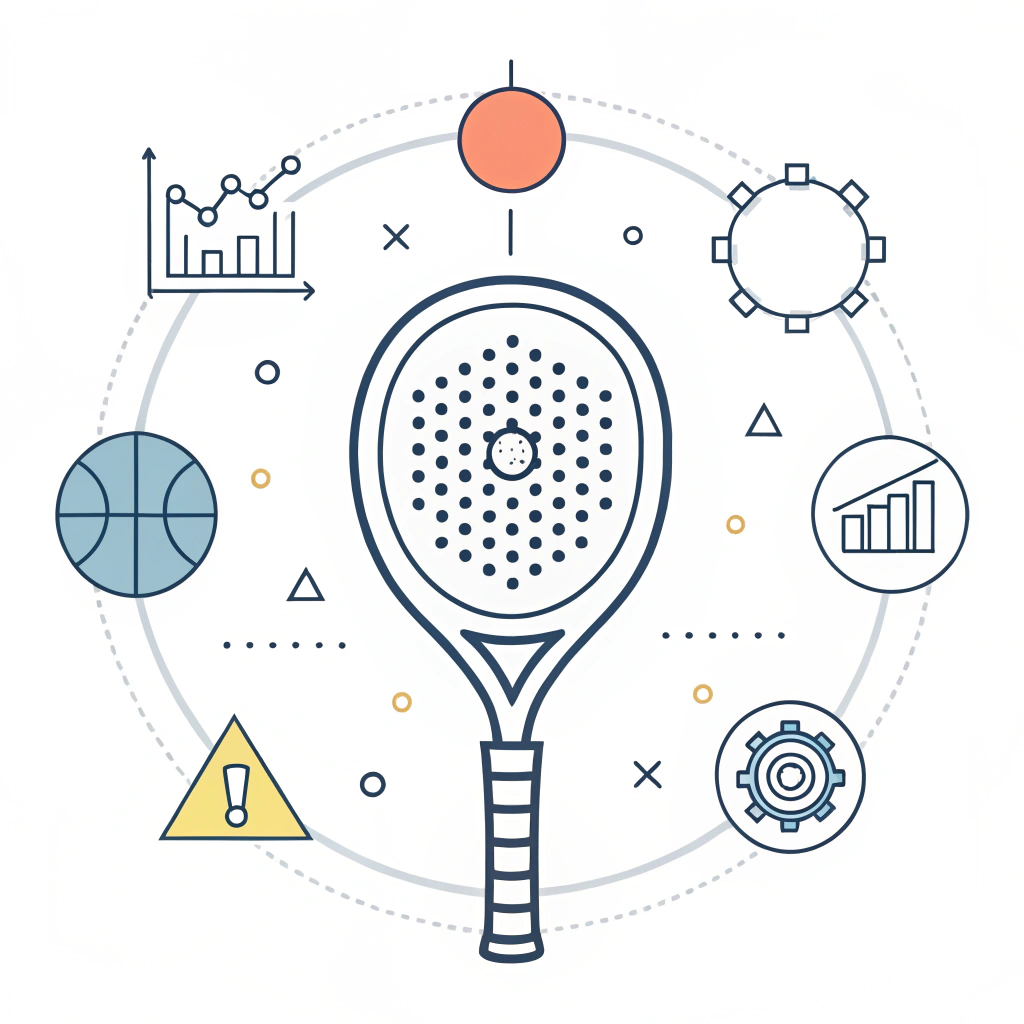 Minimalist 2D padel racket with abstract performance icons in flat design