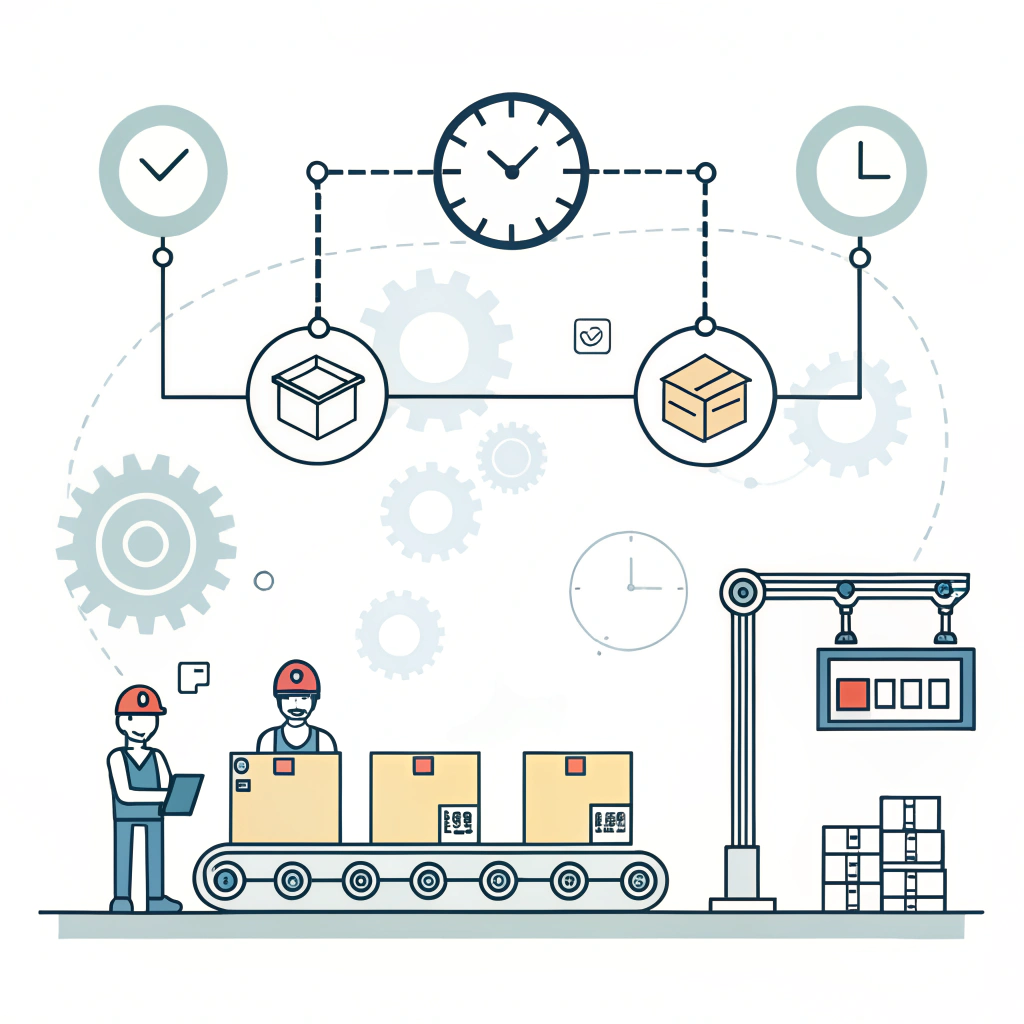 Minimalist flat illustration of efficient production workflow and on-time delivery process