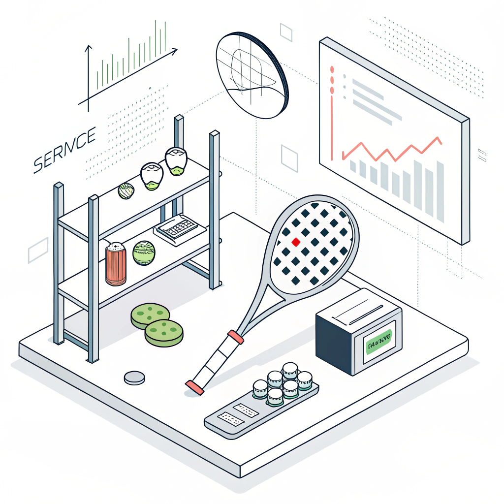Minimalist lab scene illustrating padel racket performance testing with abstract icons